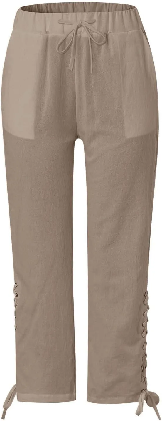 Hawaii Beach Pants for Women Casual Elastic High Waist Drawstring Pants Tropical Solid Color Summer Linen Trousers