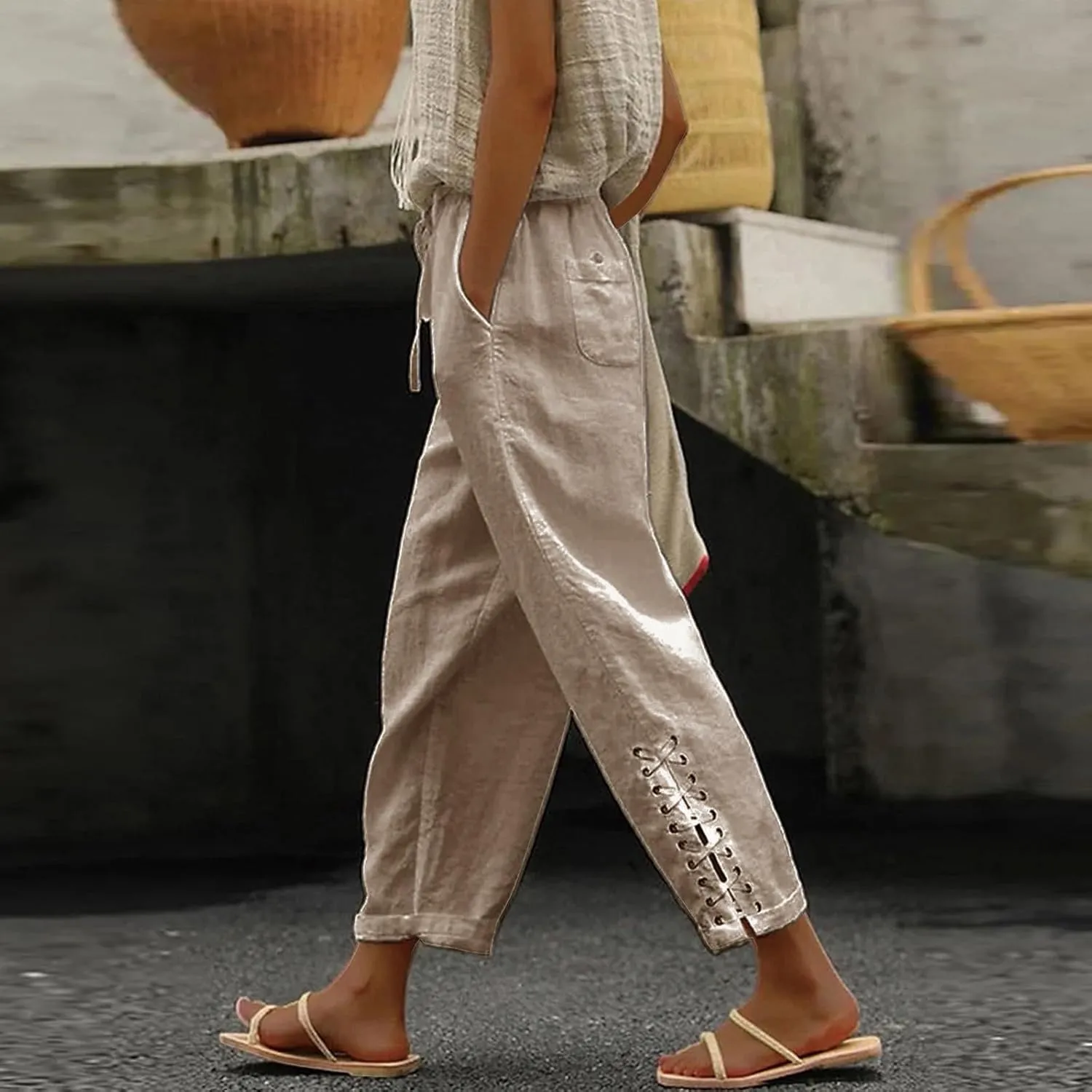 Hawaii Beach Pants for Women Casual Elastic High Waist Drawstring Pants Tropical Solid Color Summer Linen Trousers