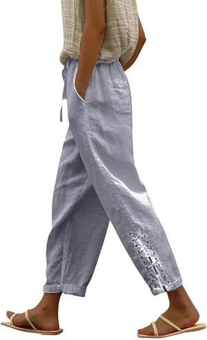 Hawaii Beach Pants for Women Casual Elastic High Waist Drawstring Pants Tropical Solid Color Summer Linen Trousers
