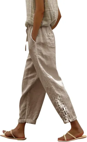 Hawaii Beach Pants for Women Casual Elastic High Waist Drawstring Pants Tropical Solid Color Summer Linen Trousers