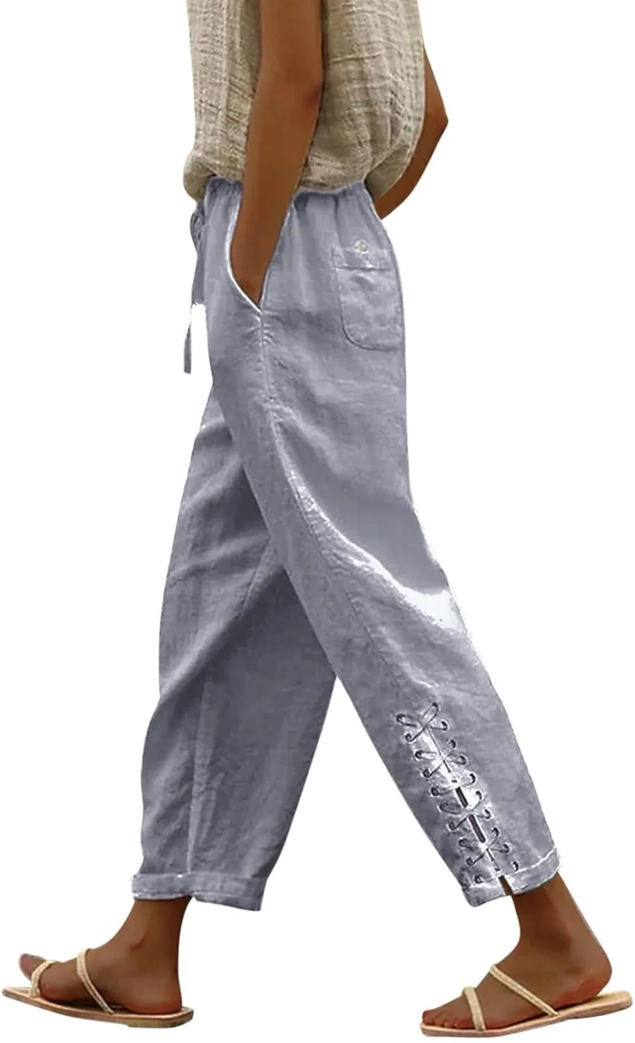 Hawaii Beach Pants for Women Casual Elastic High Waist Drawstring Pants Tropical Solid Color Summer Linen Trousers