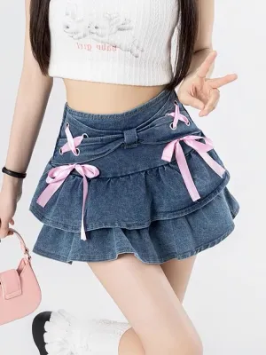 heyheyshine Y2K Women's Skirts Pleated Skirt Jean Mini Skirt High Waisted Ruffle A-line Denim Skirt Short Skirts with Bow