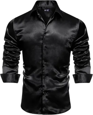 Hi-Tie Mens Long Sleeve Dress Shirt Satin Button Down Casual Prom Wedding Regular Fit Button Up Shirt