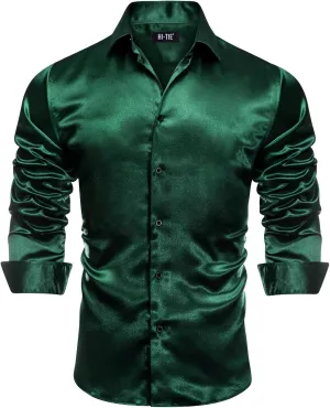 Hi-Tie Mens Long Sleeve Dress Shirt Satin Button Down Casual Prom Wedding Regular Fit Button Up Shirt