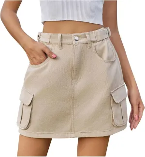 High Stretchy Cargo Skirt for Women, Button High Waist Y2k Mini Skirt Cute Denim Skirt with Pockets Streetwear