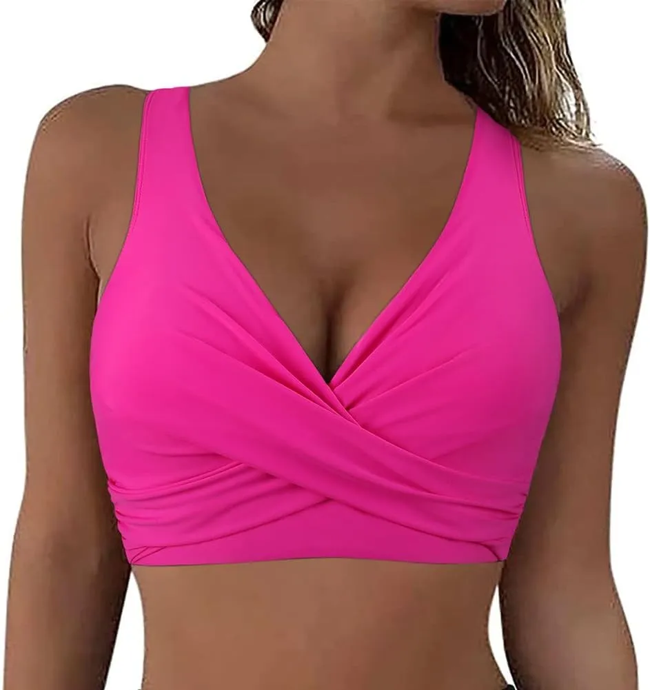 Hilor Women's Underwire Bikini Tops Push Up Criss Cross Swim Top Swimsuit Sexy V Neck Bathing Suit Top Only