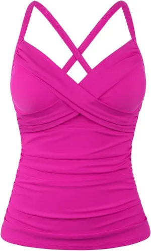 Hilor Women's Underwire Tankini Top Swimwear Twist V Neck Swimsuits for Big Busted Tummy Control Bathing Suits Top Only