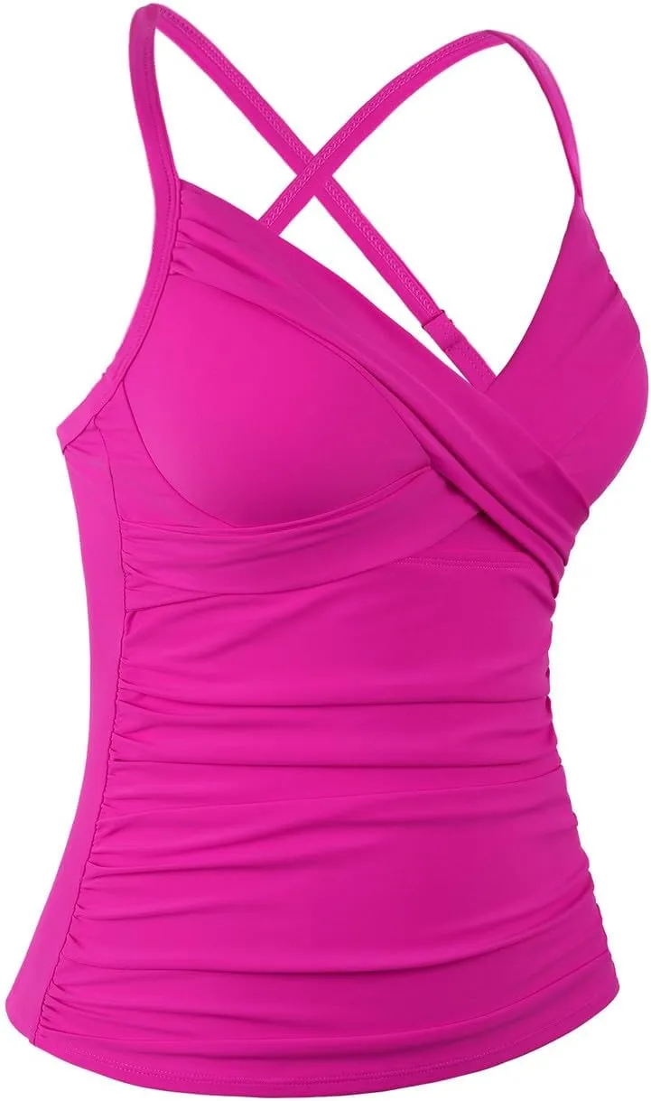 Hilor Women's Underwire Tankini Top Swimwear Twist V Neck Swimsuits for Big Busted Tummy Control Bathing Suits Top Only