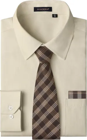HISDERN Mens Dress Shirt and Tie Handkerchief Set Classic Long Sleeve Shirts Matching Ties Formal Button Down Shirts