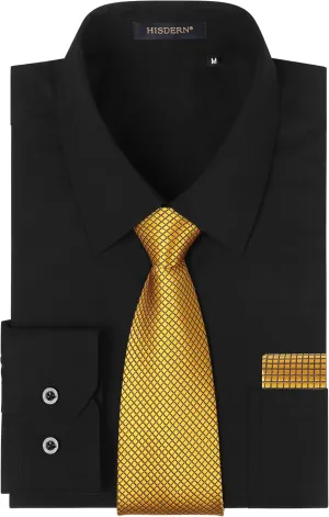 HISDERN Mens Dress Shirt with Tie Pocket Square Set Classic Button Down Shirt Matching Tie Long Sleeve Shirts