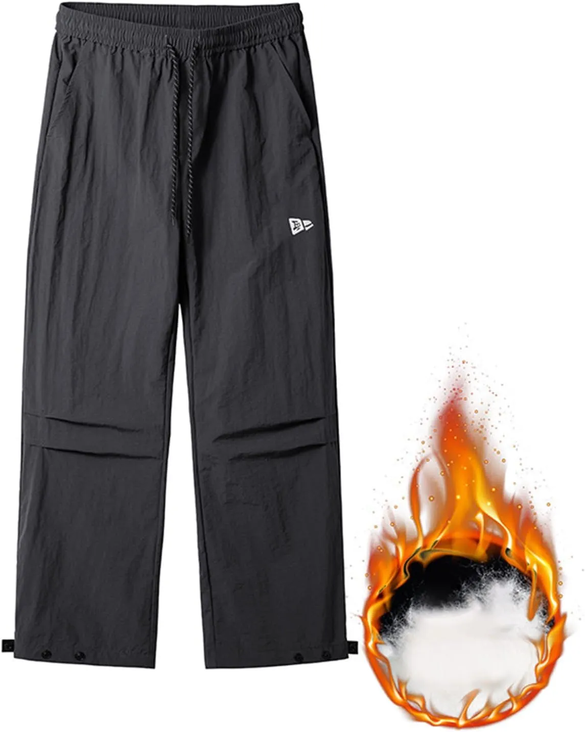 hlysgo Men Waterproof Pants Casual Loose Fit Fleece Lined Wide Leg Pants Drawstring Waist Outdoor Hiking Pants with Pockets