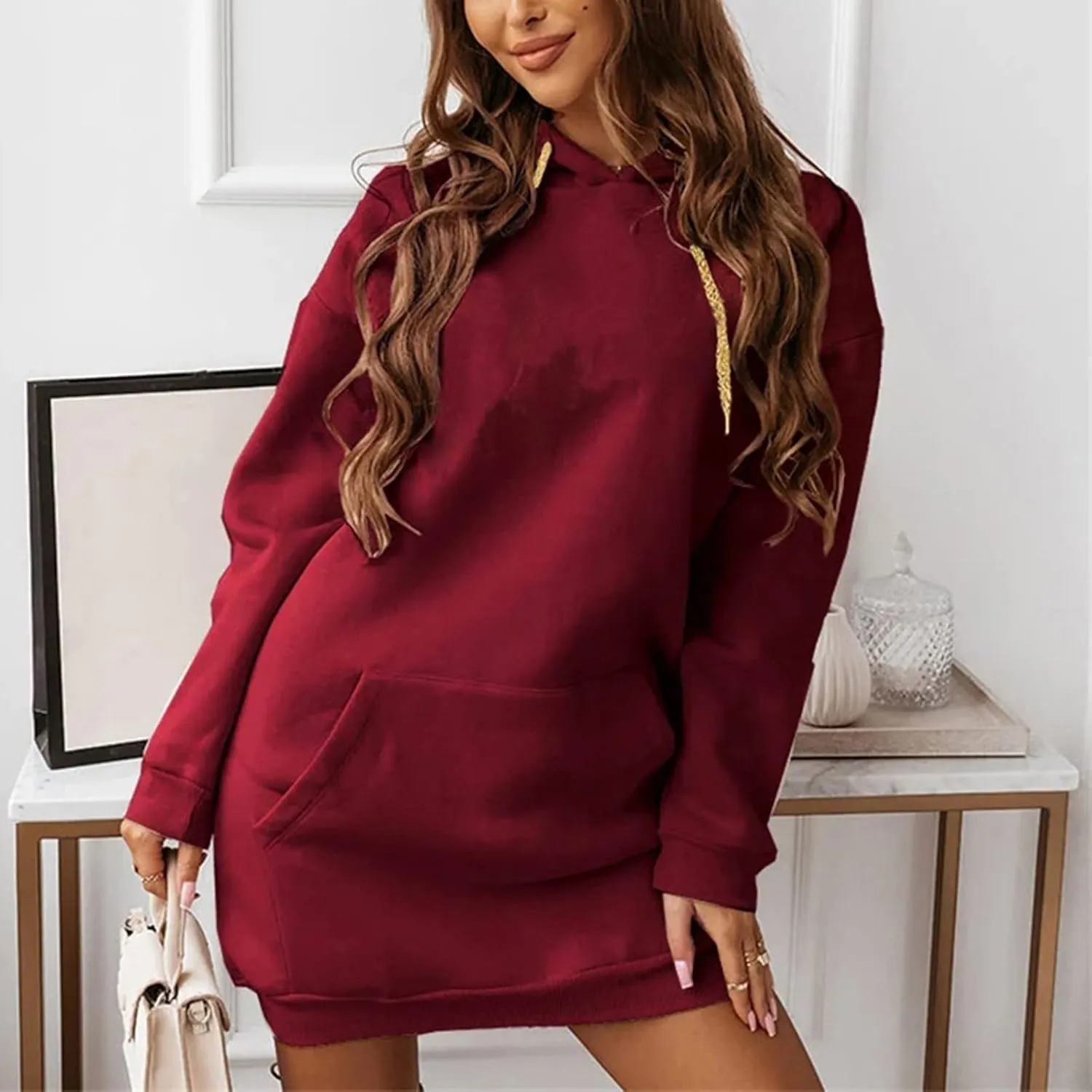 Hooded Sweatshirt Dress for Women Long Sleeve Casual Mini Dress with Pocket Oversized Solid Color Pullover Dresses