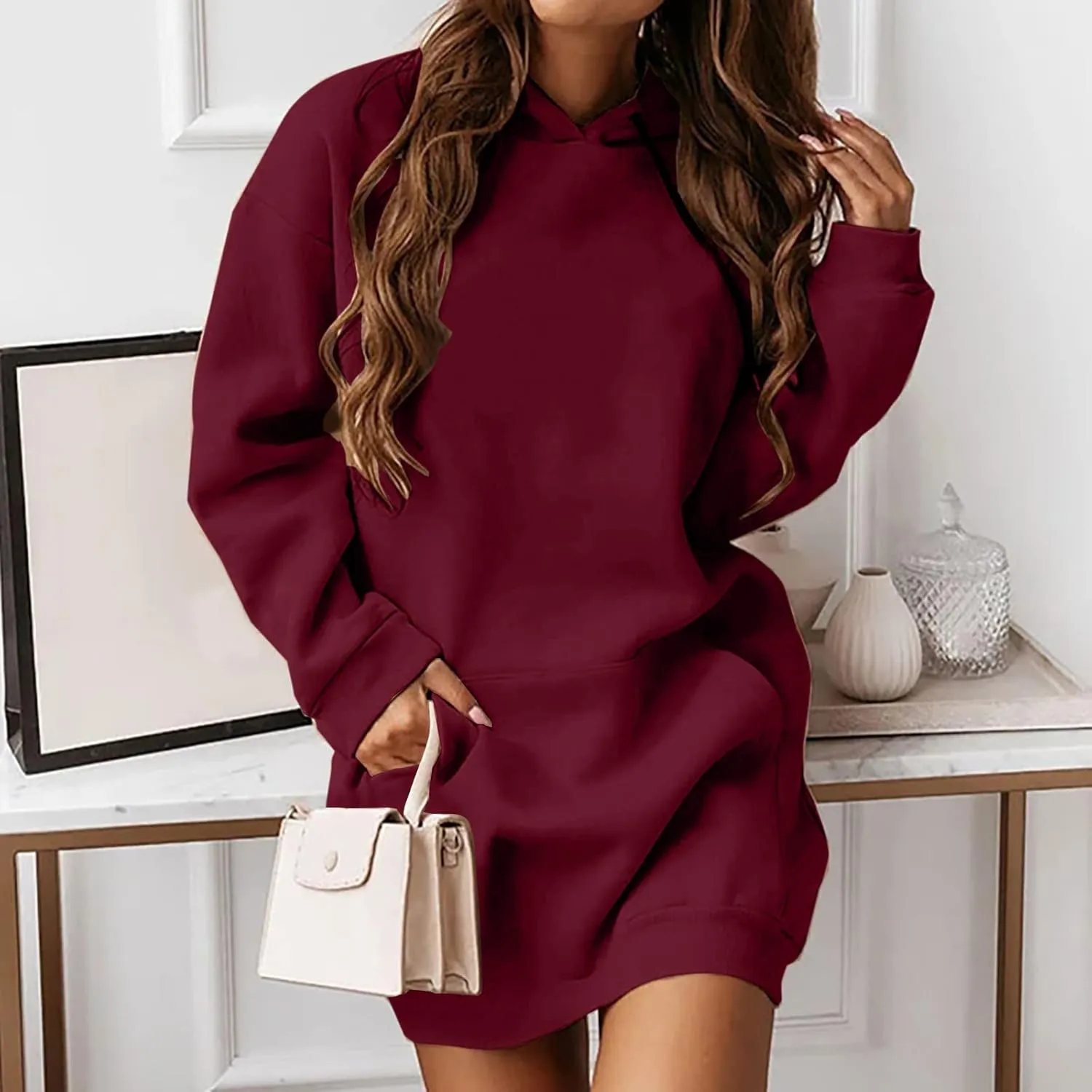 Hooded Sweatshirt Dress for Women Long Sleeve Casual Mini Dress with Pocket Oversized Solid Color Pullover Dresses