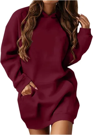 Hooded Sweatshirt Dress for Women Long Sleeve Casual Mini Dress with Pocket Oversized Solid Color Pullover Dresses
