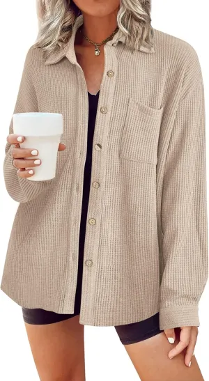 HOTOUCH Waffle Knit Button Down Shirts for Women Dressy Casual Work Tops Long Sleeve Loose Fit Shacket with Pocket