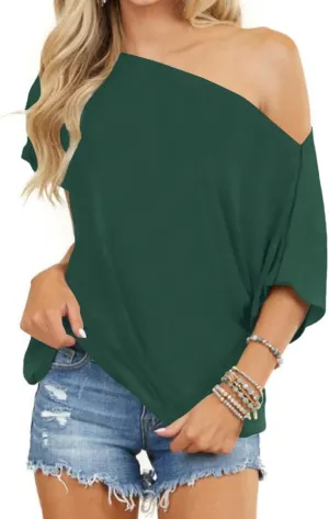 INFITTY Women's Off Shoulder Tops Short Sleeve Casual Loose Batwing Shirts Oversized Blouse Tunic