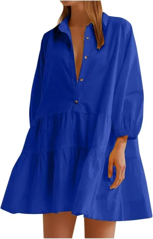JOAU Women's Cute Summer Babydoll Shirt Mini Dress Puff Sleeve Flowy Tiered Ruffle Swing A-Line Collared Button Shirt Dress
