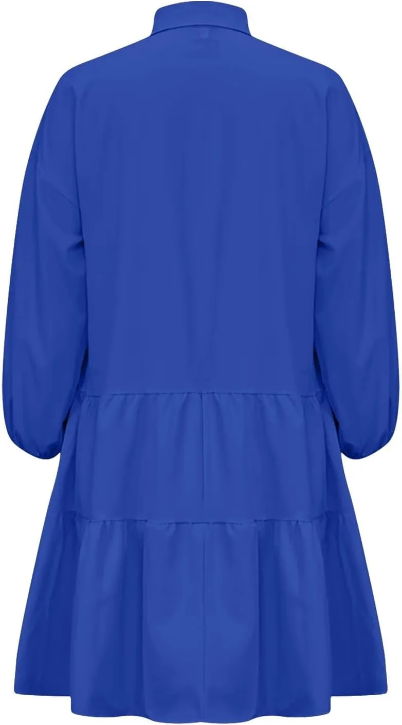JOAU Women's Cute Summer Babydoll Shirt Mini Dress Puff Sleeve Flowy Tiered Ruffle Swing A-Line Collared Button Shirt Dress