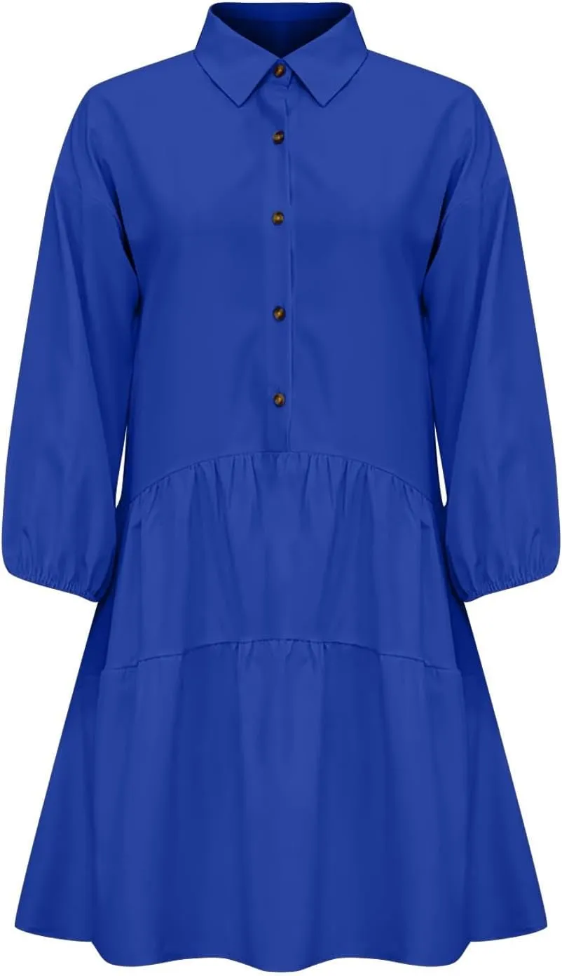 JOAU Women's Cute Summer Babydoll Shirt Mini Dress Puff Sleeve Flowy Tiered Ruffle Swing A-Line Collared Button Shirt Dress