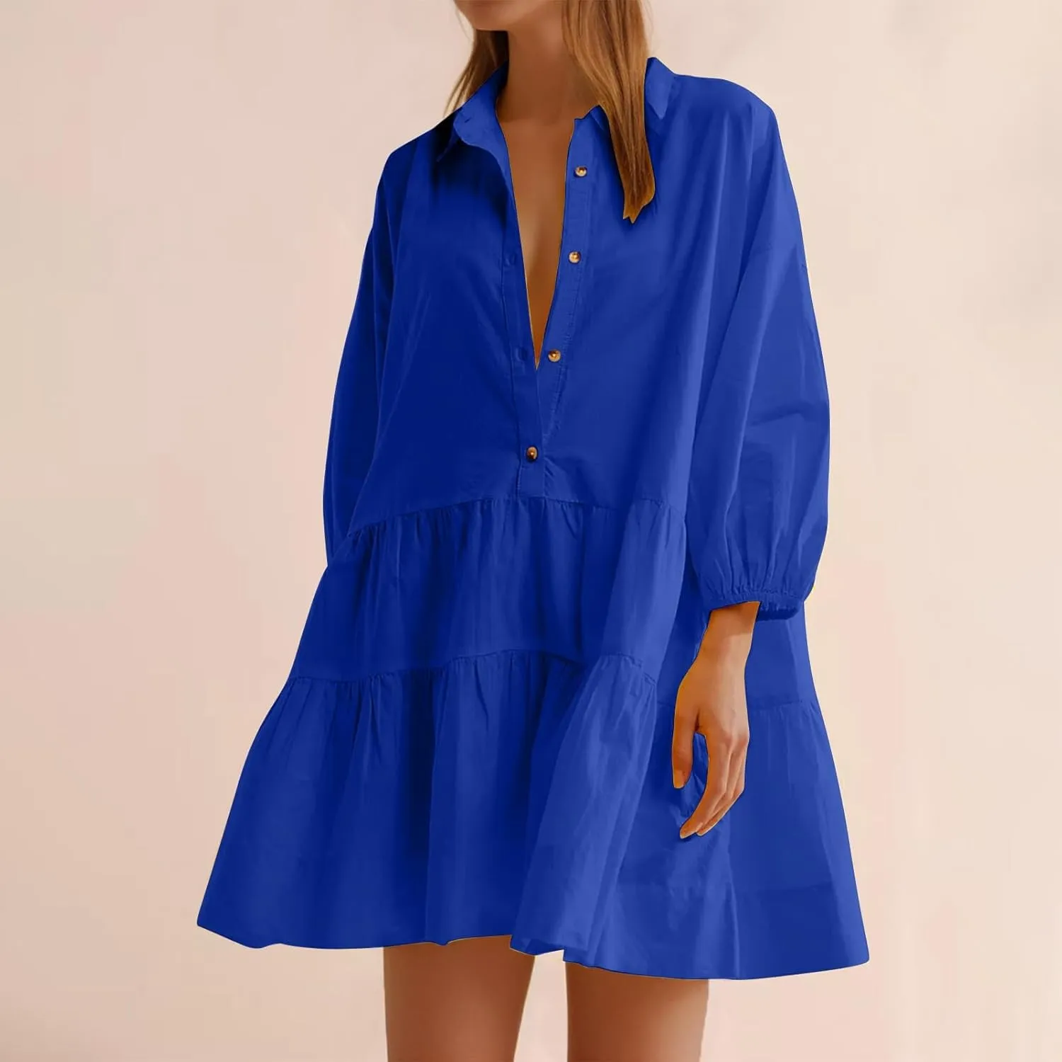 JOAU Women's Cute Summer Babydoll Shirt Mini Dress Puff Sleeve Flowy Tiered Ruffle Swing A-Line Collared Button Shirt Dress