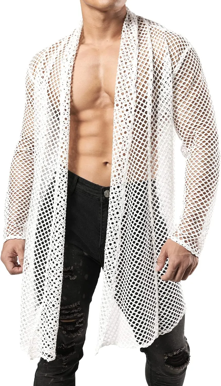 JOGAL Men's Mesh Fishnet Cardigan Fitted Muscle Top