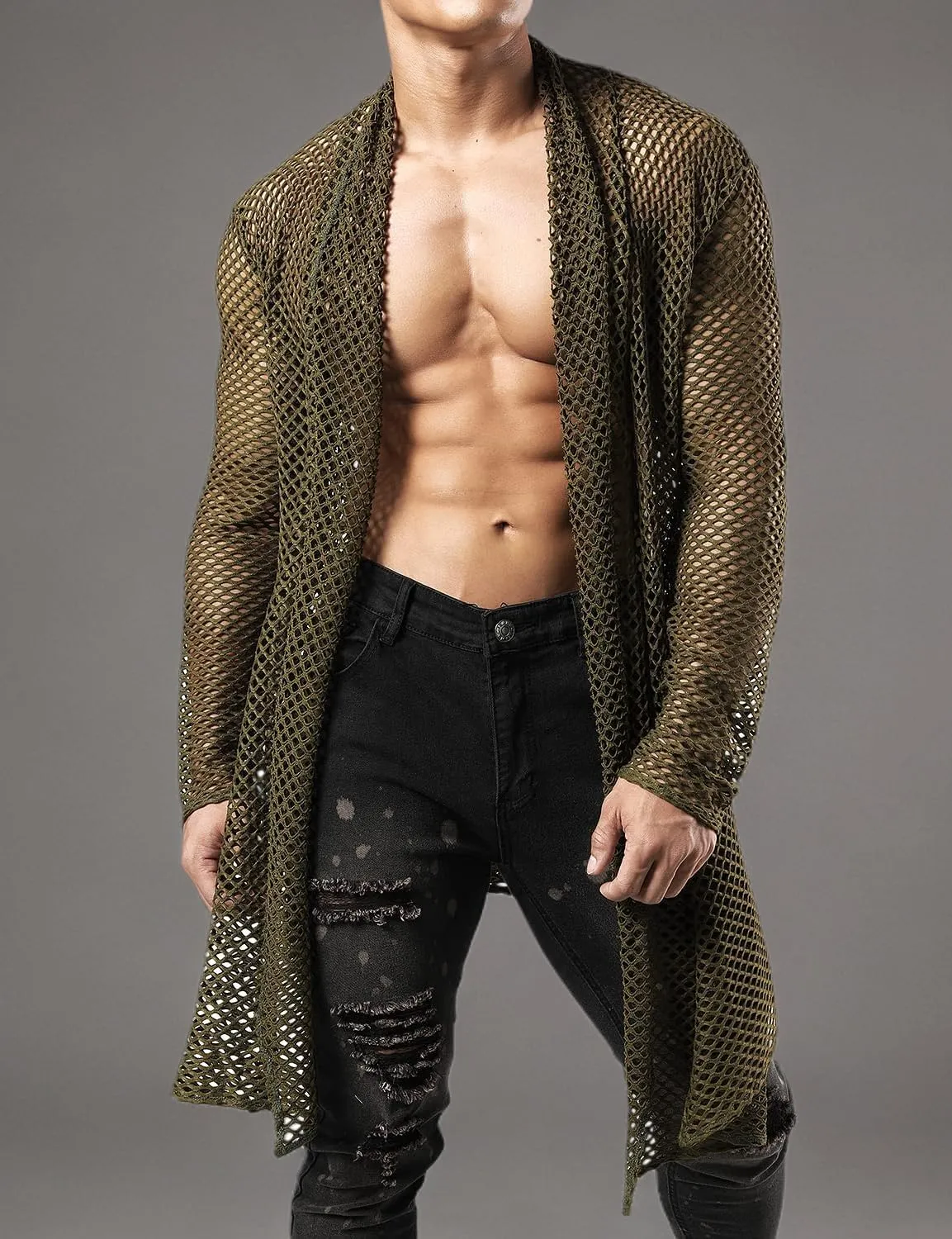 JOGAL Men's Mesh Fishnet Cardigan Fitted Muscle Top