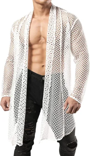 JOGAL Men's Mesh Fishnet Cardigan Fitted Muscle Top
