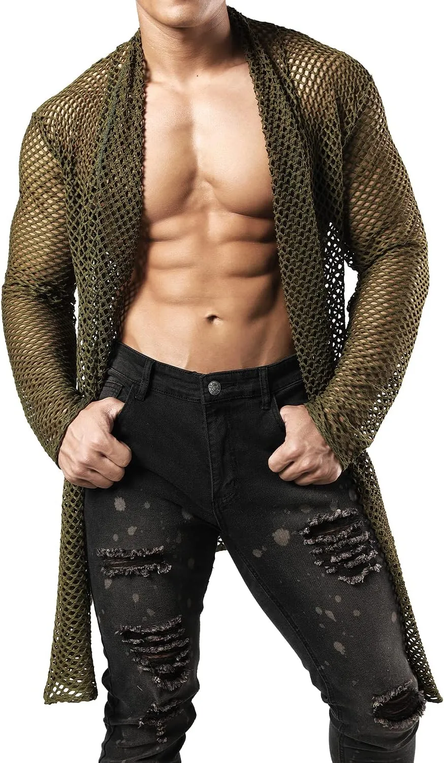 JOGAL Men's Mesh Fishnet Cardigan Fitted Muscle Top