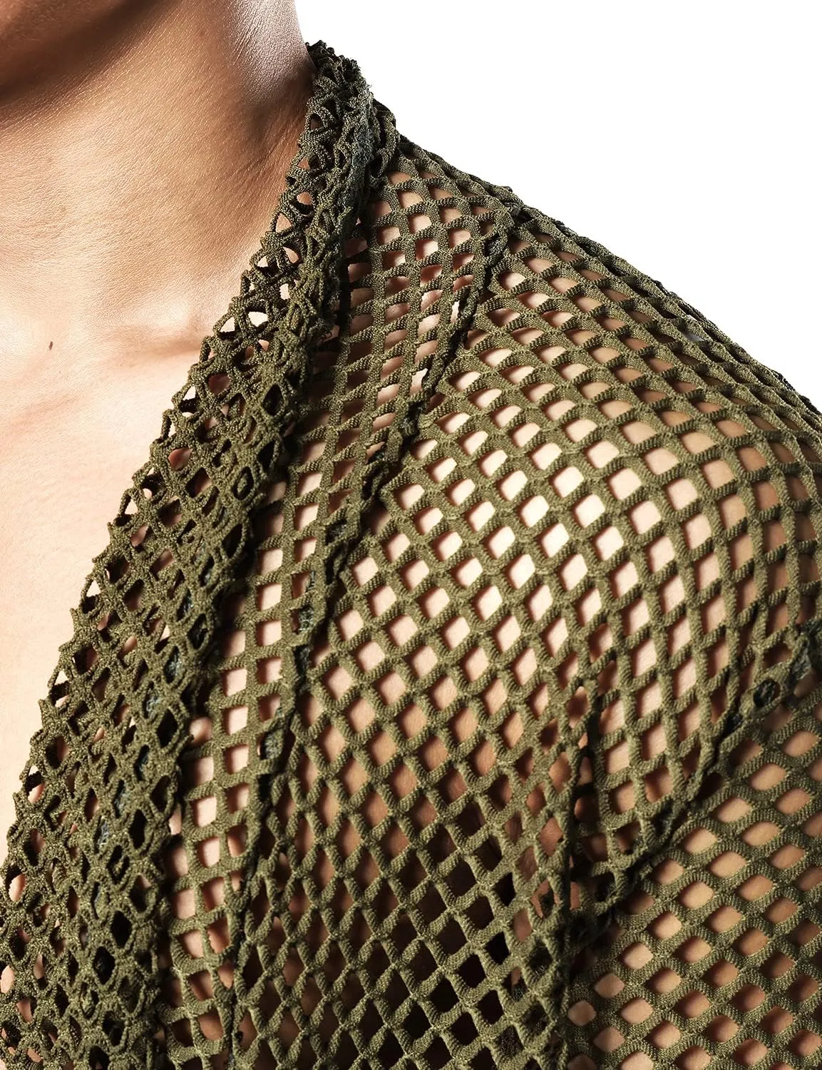 JOGAL Men's Mesh Fishnet Cardigan Fitted Muscle Top