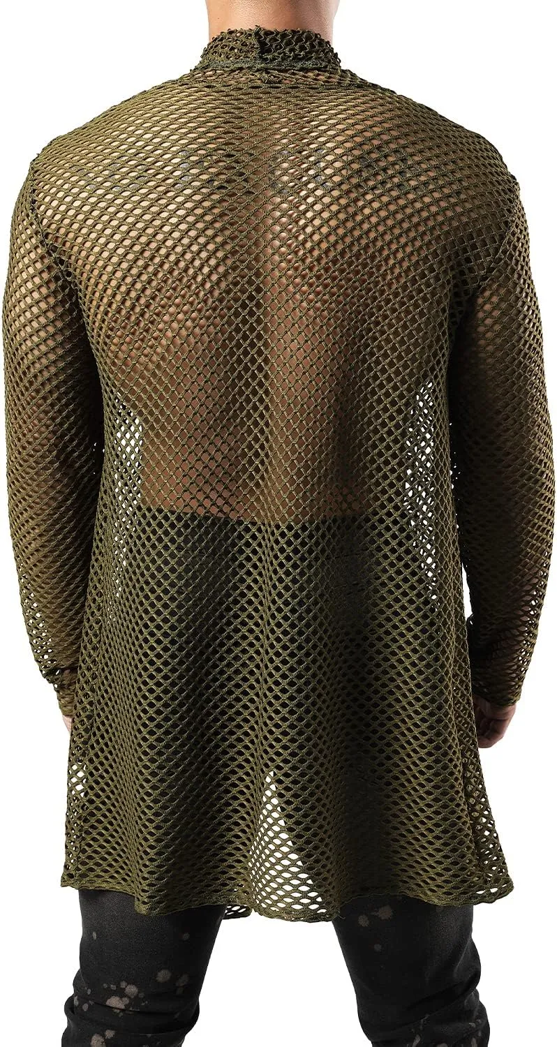 JOGAL Men's Mesh Fishnet Cardigan Fitted Muscle Top