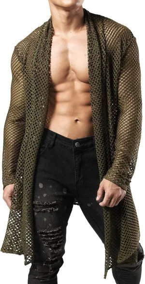 JOGAL Men's Mesh Fishnet Cardigan Fitted Muscle Top