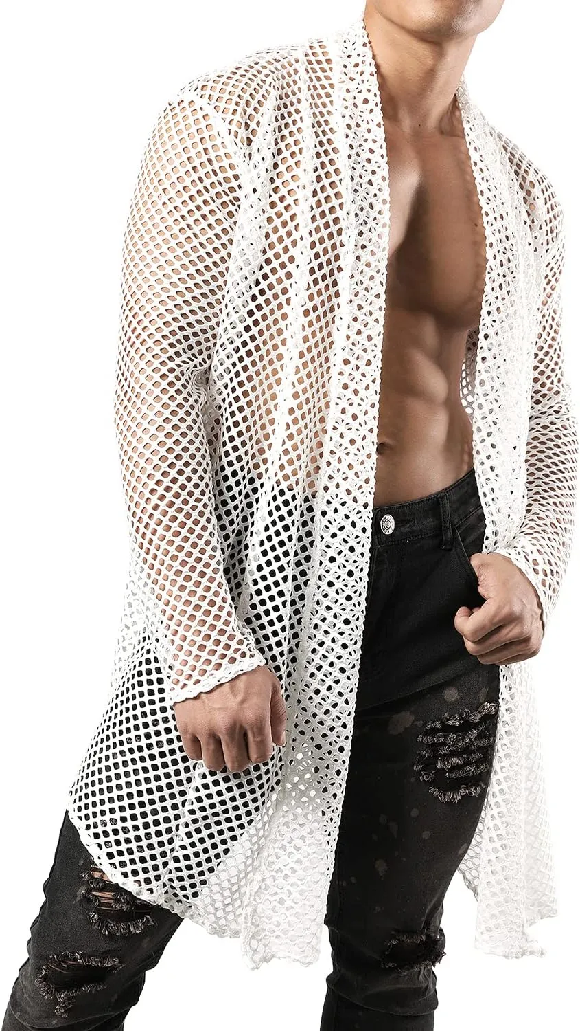 JOGAL Men's Mesh Fishnet Cardigan Fitted Muscle Top