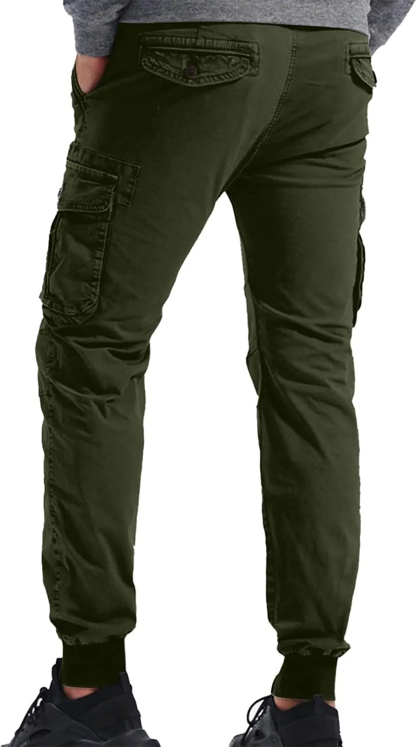 Jogger Cargo Pants Men Elastic Waist Work Pants Casual Plain Tapered Trousers Outdoor Sports Pants with Button Pocket