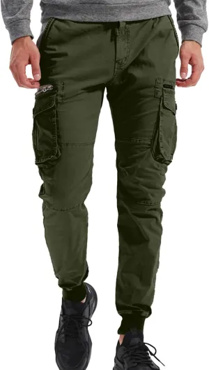 Jogger Cargo Pants Men Elastic Waist Work Pants Casual Plain Tapered Trousers Outdoor Sports Pants with Button Pocket