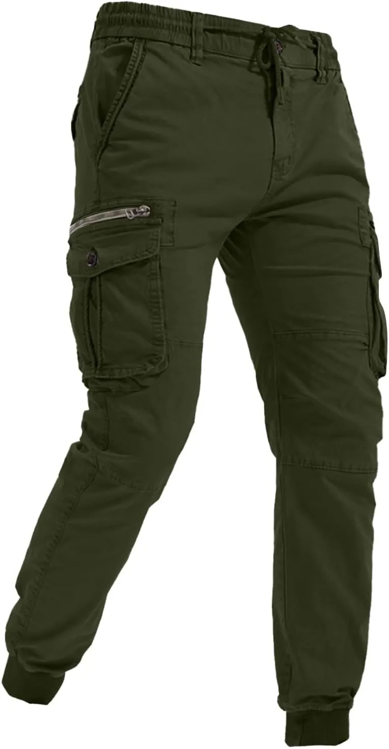 Jogger Cargo Pants Men Elastic Waist Work Pants Casual Plain Tapered Trousers Outdoor Sports Pants with Button Pocket