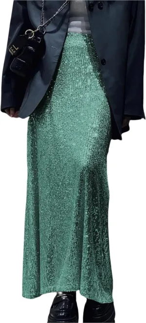 JUMISEE Womens Silver Sequin Midi Skirt Stretchy High Waist Long Skirt Glitter Pencil Skirt for Night Out Party