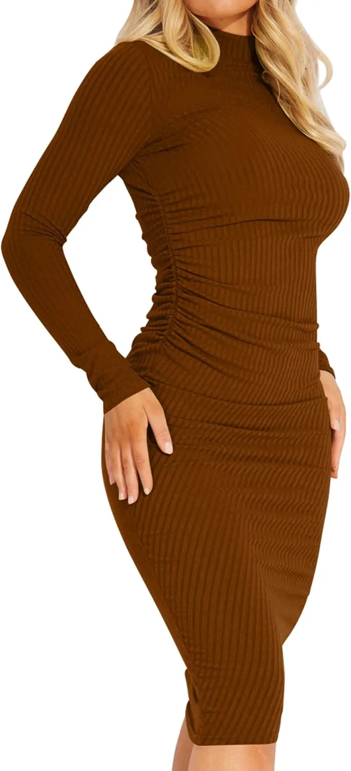 Kaximil Women's Ribbed Basic Casual Midi Dress Long Sleeve Bodycon Ruched Club Dresses