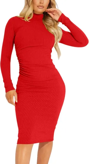 Kaximil Women's Ribbed Basic Casual Midi Dress Long Sleeve Bodycon Ruched Club Dresses
