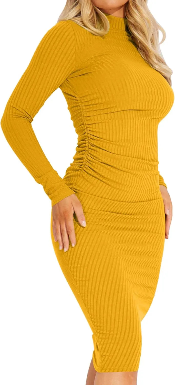 Kaximil Women's Ribbed Basic Casual Midi Dress Long Sleeve Bodycon Ruched Club Dresses