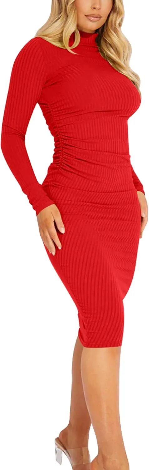 Kaximil Women's Ribbed Basic Casual Midi Dress Long Sleeve Bodycon Ruched Club Dresses