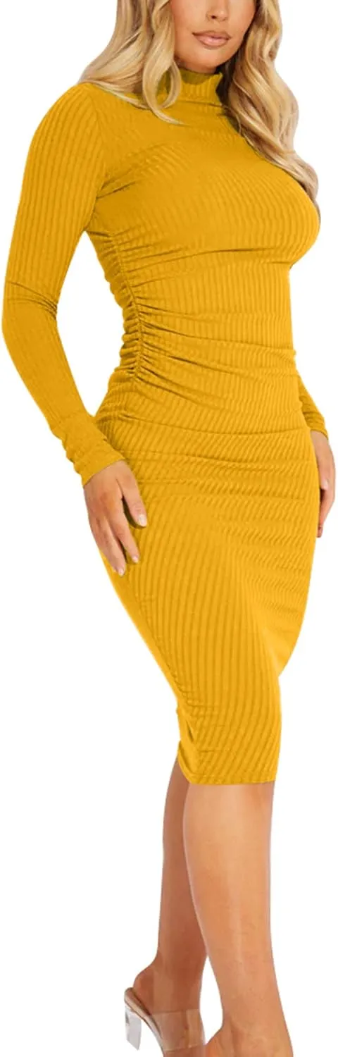 Kaximil Women's Ribbed Basic Casual Midi Dress Long Sleeve Bodycon Ruched Club Dresses