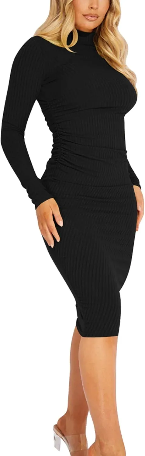 Kaximil Women's Ribbed Basic Casual Midi Dress Long Sleeve Bodycon Ruched Club Dresses