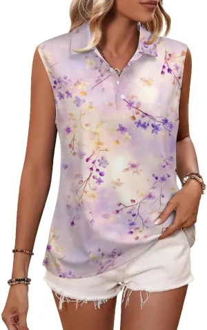 KIDVOVOU Womens Golf Shirt Sleeveless Hawaiian Floral Print Polo Shirts Collared Lightweight Tennis Athletic Tank Top