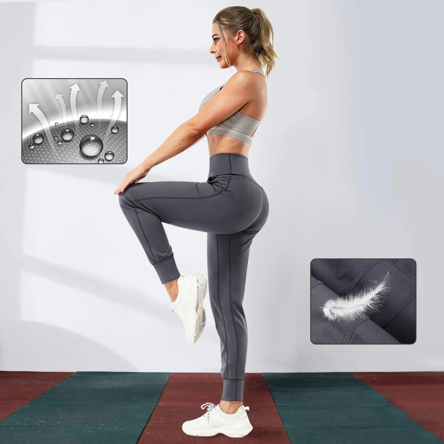 LEINIDINA Womens Jogger Pants High Waisted Sweatpants with Pockets Tapered Casual Lounge Pants Loose Track Cuff Leggings