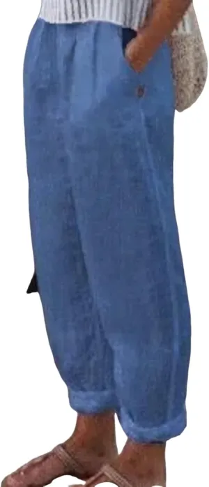 Linen Boho Harem Pants for Women Summer Wide Leg Loose Capris Pants Elastic Waist Trousers with Pocket