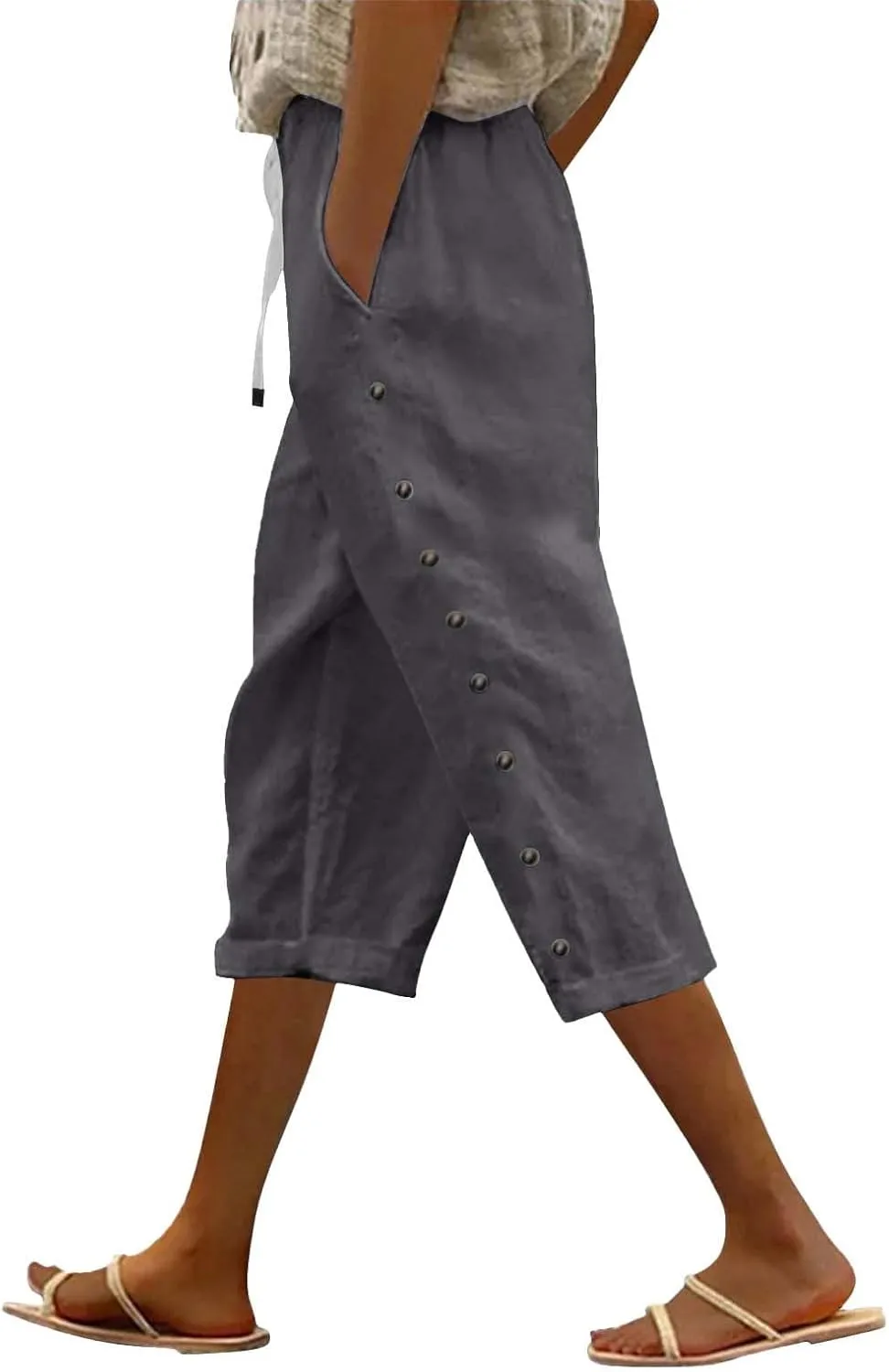 Linen Capri Pants for Women High Waisted Summer Capri Pants Elastic Waist Cotton Linen Yoga Cropped Trousers