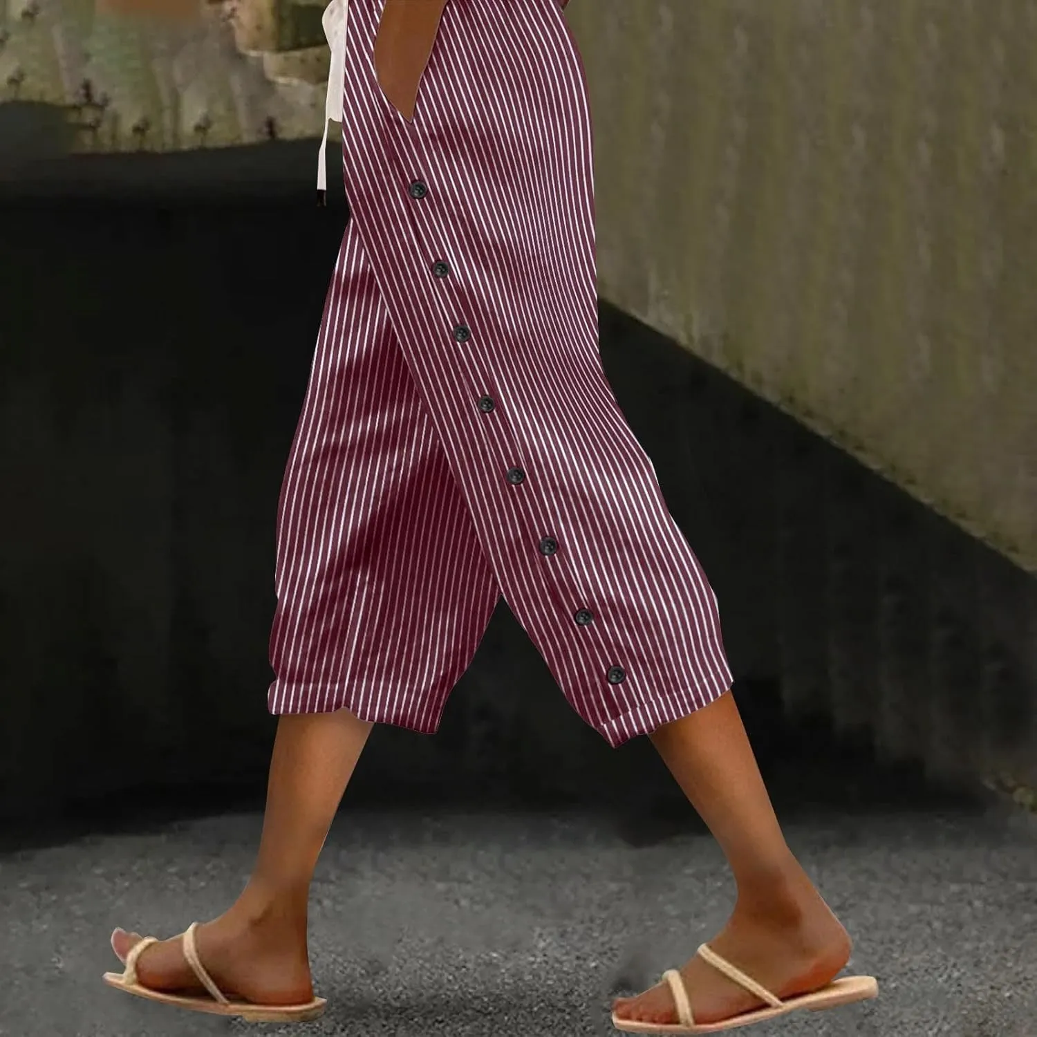 Linen Capri Pants for Women High Waisted Summer Capri Pants Elastic Waist Cotton Linen Yoga Cropped Trousers