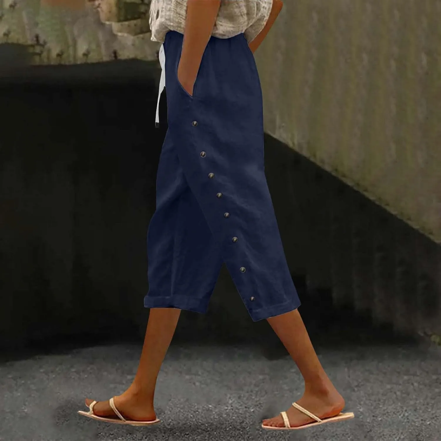 Linen Capri Pants for Women High Waisted Summer Capri Pants Elastic Waist Cotton Linen Yoga Cropped Trousers