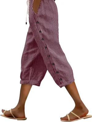 Linen Capri Pants for Women High Waisted Summer Capri Pants Elastic Waist Cotton Linen Yoga Cropped Trousers