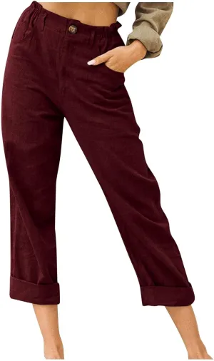 Linen Capri Pants for Women Summer Elastic Waisted Cropped Pants Casual Cotton Trousers with Pockets Plus Size Capris